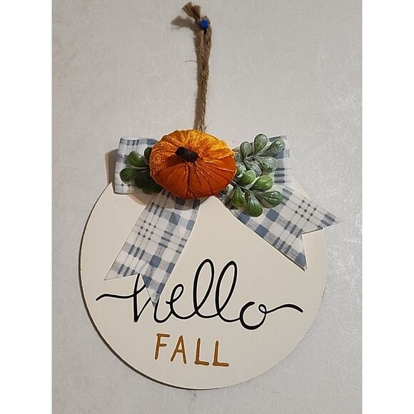 Set of 2 Fall Hanging Signs Pumpkins Ribbon Hello Fall Hello Pumpkin 8" Diameter - Picture 2 of 7